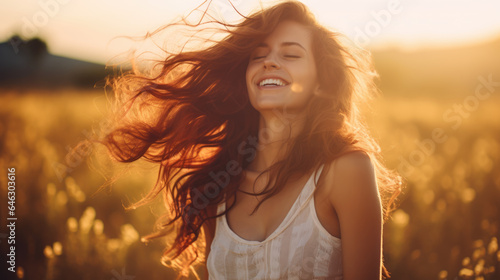Young happy smiling woman standing in a field with sun shining through her hair