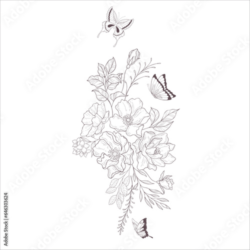Wedding Bouquet with Wild Rose. Line Art Illustration.