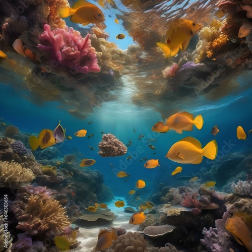 A coral reef in the shape of an enormous flower, teeming with vibrant marine life and colorful fish1