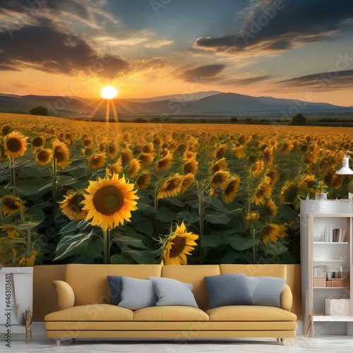 A field of sunflowers bending towards a brilliant, setting sun, creating a breathtaking, golden landscape1 photo