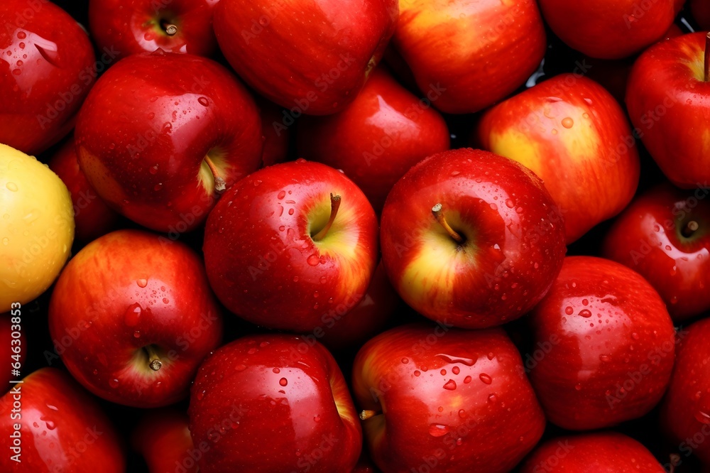 Red apples background with water drops, Top view