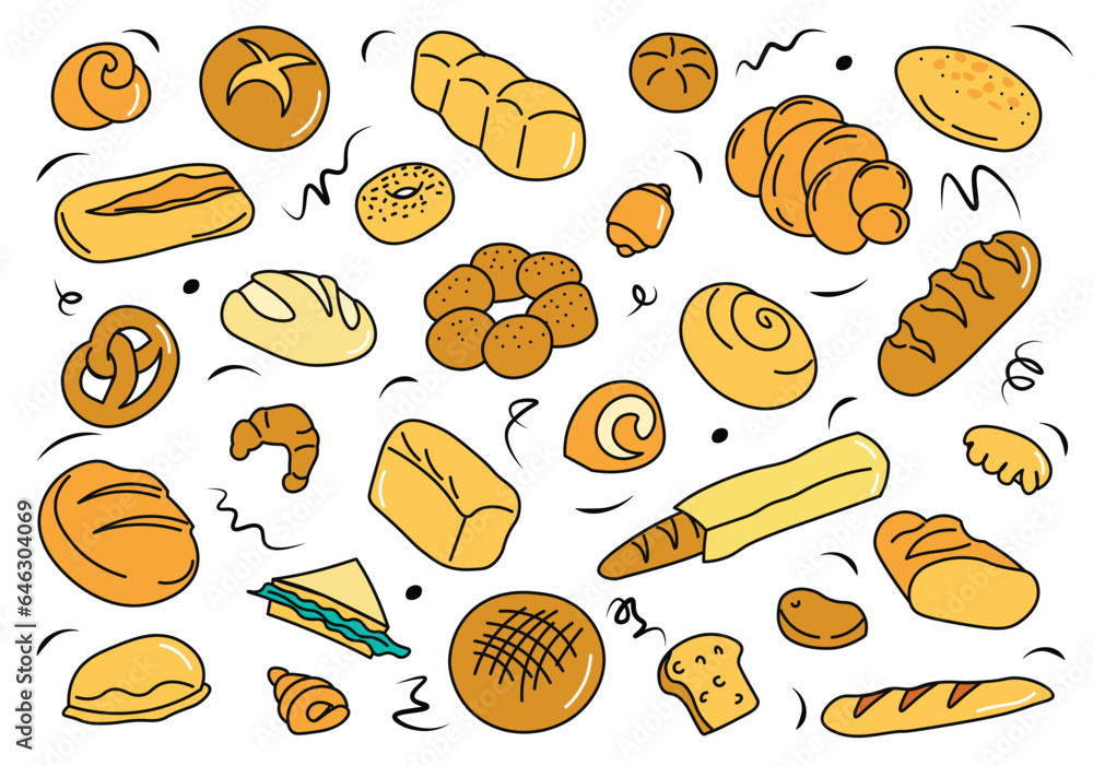 Flat cartoon set of breads. An engaging illustration set showcasing an array of bread varieties, each presented in a lively and colorful design. Vector illustration. Flat cartoon set of breads. An engaging illustration set showcasing an array of bread varieties, each presented in a lively and colorful design. Vector illustration.