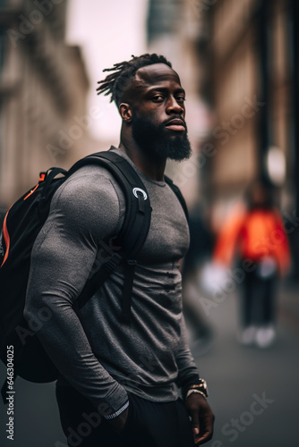 Hombre afro americano en una ciudad. Concepto de estilo de vida. Generado por IA. photo