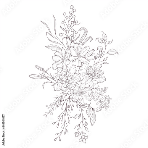 Wedding Bouquet with Cosmos Flowers. Line Art Illustration.