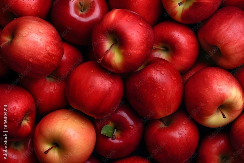 Red apples background with water drops, Top view Red apples background with water drops, Top view