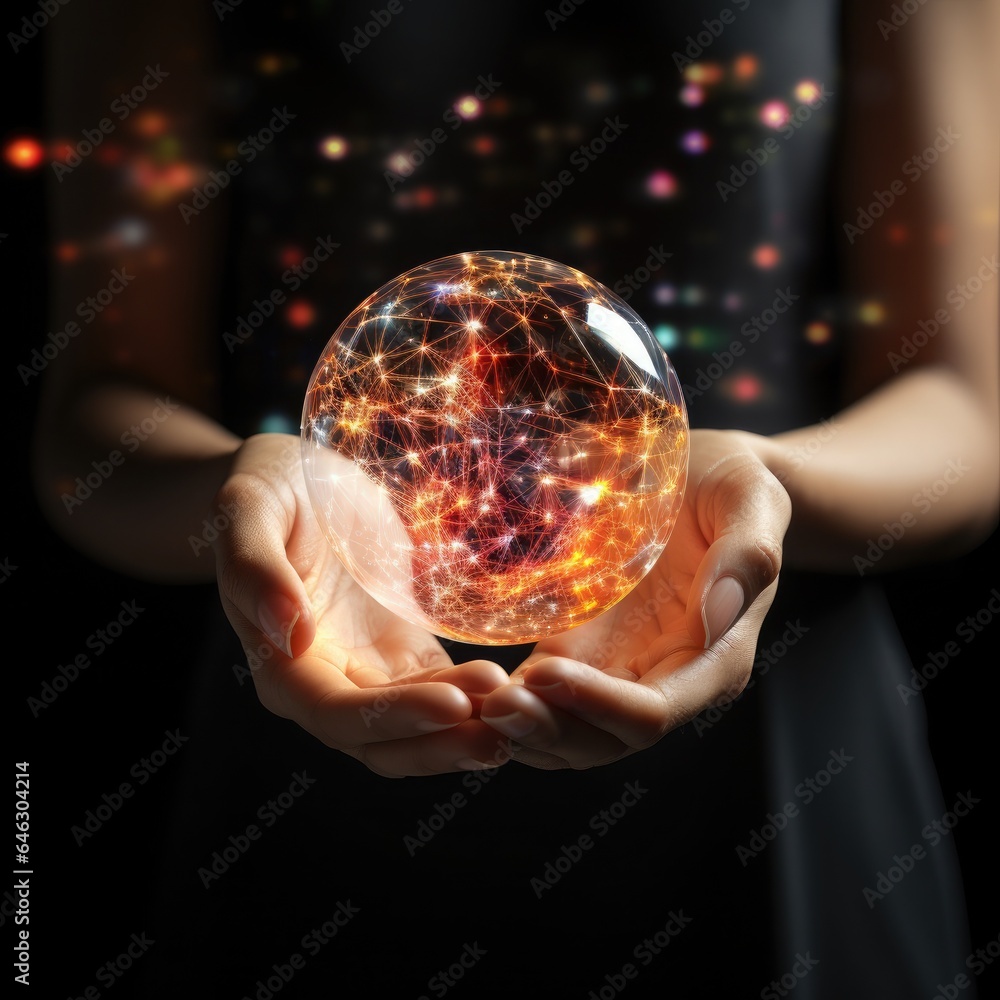 Fototapeta premium hand holding a glass sphere in network