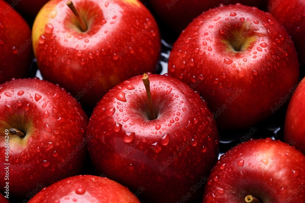 Close up red apples background with water drops Close up red apples background with water drops