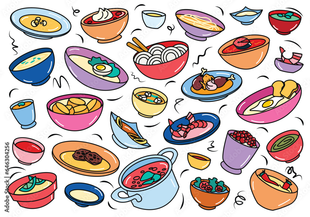Flat cartoon set of soups. This wonderful illustration shows the variety of soups from different countries around the world. Vector illustration. Flat cartoon set of soups. This wonderful illustration shows the variety of soups from different countries around the world. Vector illustration.