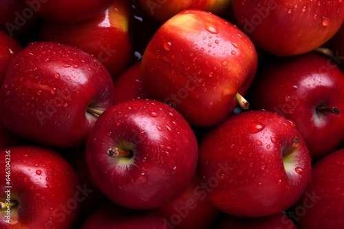 Red apples background with water drops