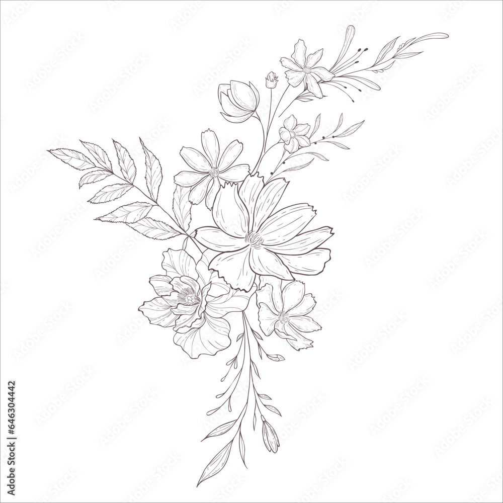 Fototapeta Wedding Bouquet with Wild Rose. Line Art Illustration.