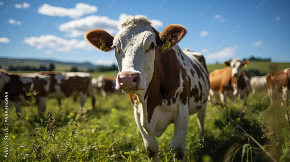 Herd of cows on green grass field in summer Herd of cows on green grass field in summer