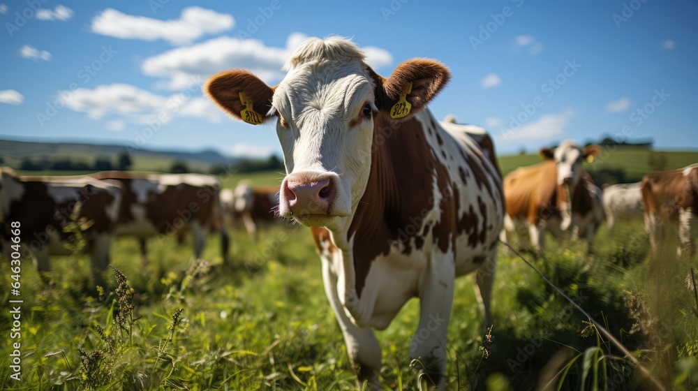 Herd of cows on green grass field in summer