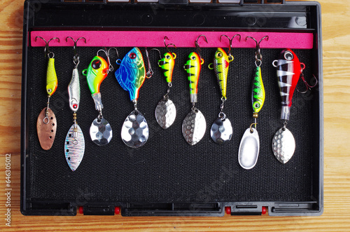 Spinners and tail spinners in a fishing box.