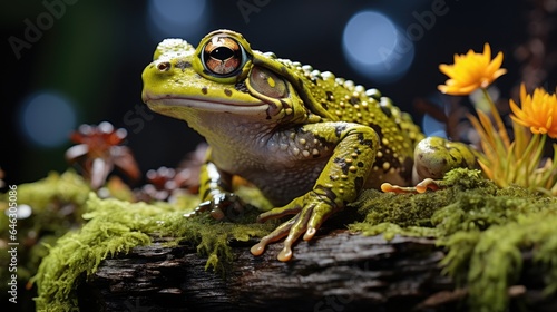 Laughing frog on a mossy rock on a darker background