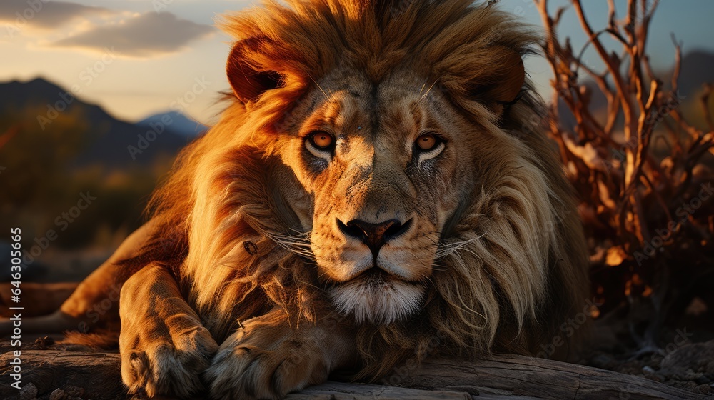 Lion lying on the plain with the Sun setting over the Mountain