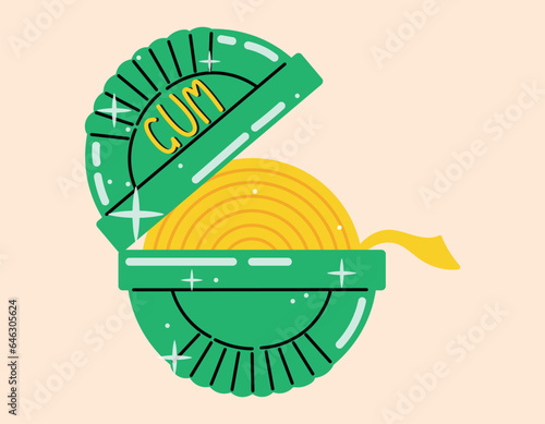 Box with retro round roll of chewing gum. Vector isolated cartoon sweet, 90s style.