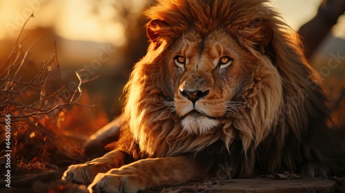 lion lying on the ground and looking to the side, against the background of the rising sun