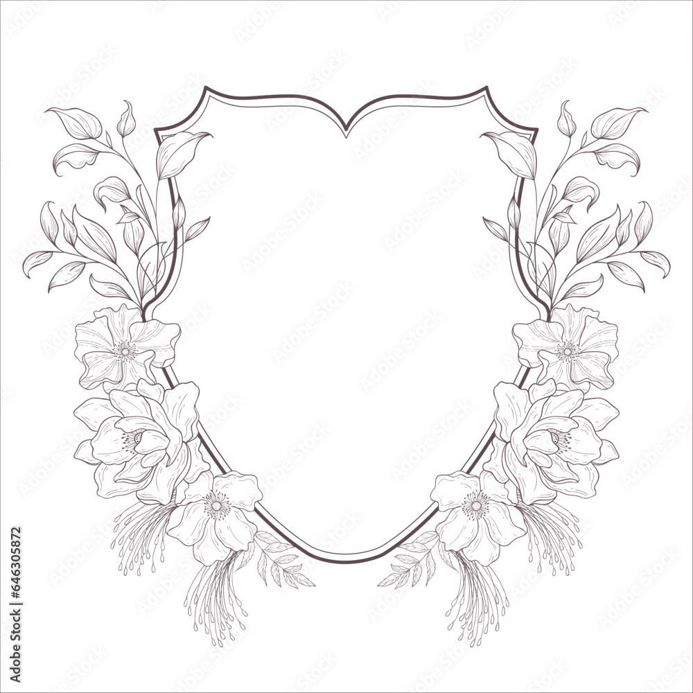 Wedding Crest with Flowers and Leaves. Line Art Illustration. Wedding Crest with Flowers and Leaves. Line Art Illustration.