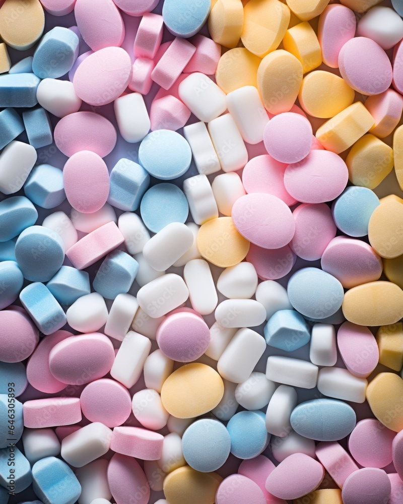This captivating pattern of colorful pills draws the eye, evoking feelings of both wonder and caution as it conjures up a range of possibilities from food to medicine This captivating pattern of colorful pills draws the eye, evoking feelings of both wonder and caution as it conjures up a range of possibilities from food to medicine