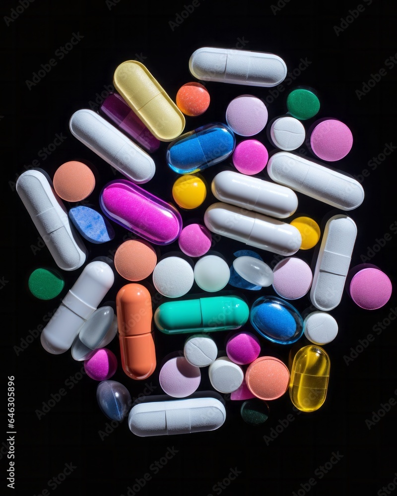 A dazzling array of colorful pills, arranged in a chaotic pattern, radiates a sense of power and mystery, hinting at the promise of relief and healing that lies within