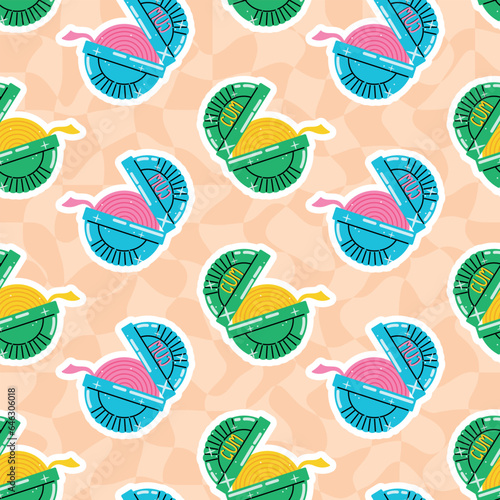 Box with retro round roll of chewing gum. Vector cartoon sweet seamless pattern, 90s style.