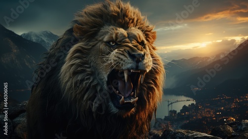 Lion roaring on top of mountain with full moon background
