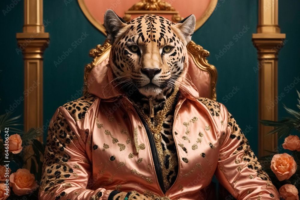 Human-like leopard in a peach colored luxurious clothing