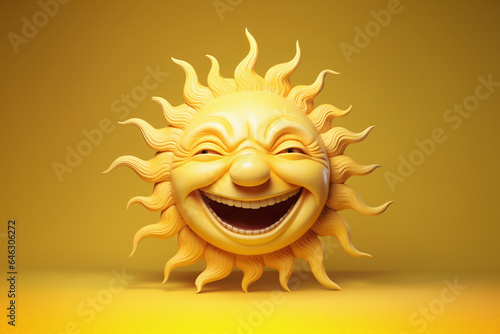 Portrait d'un soleil souriant sur fond jaune style cartoon caricature » IA générative