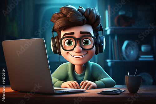 Portrait d'un jeune étudiant devant son ordinateur portable style cartoon caricature » IA générative