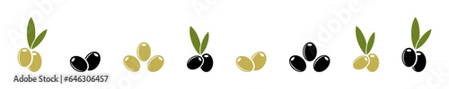 Set of black and green olives vector icons. Olive branch illustration. Olives with leaves.
