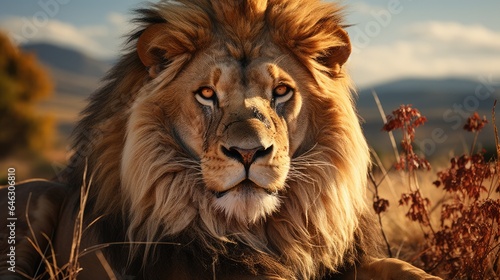 Male lion on savanna grass. with a background of trees in the hills