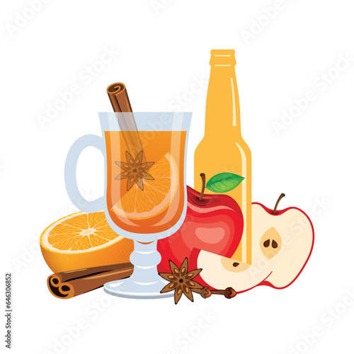 Apple cider hot drink vector illustration. Hot drink with apples, orange, cinnamon and star anise icon vector. Glass of winter sweet drink drawing. Hot mulled cider icon isolated on a white background