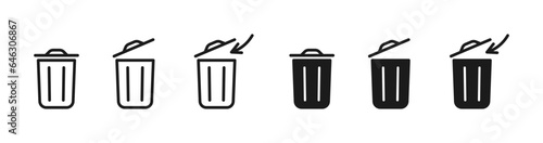 Trash can and bin, icons set black and line. Vector