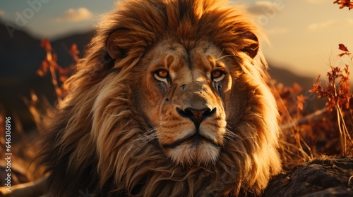 Male lion on the hill. against a sunset background