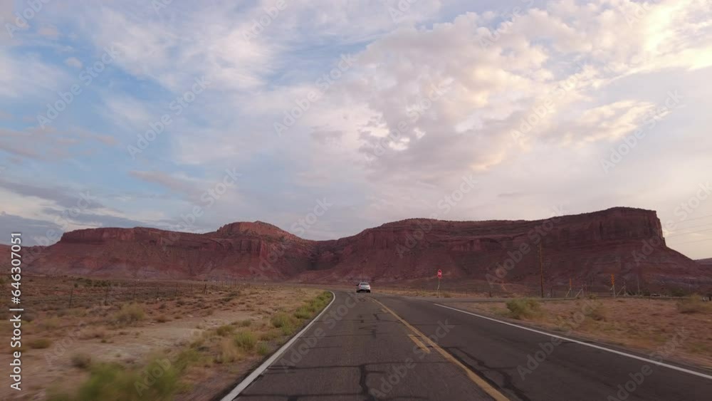 Hyperlapse Driving of Monument Valley Highway 163 Northbound Sunset 01 Rear View Arizona Utah Southwest USA Hyperlapse Driving of Monument Valley Highway 163 Northbound Sunset 01 Rear View Arizona Utah Southwest USA
