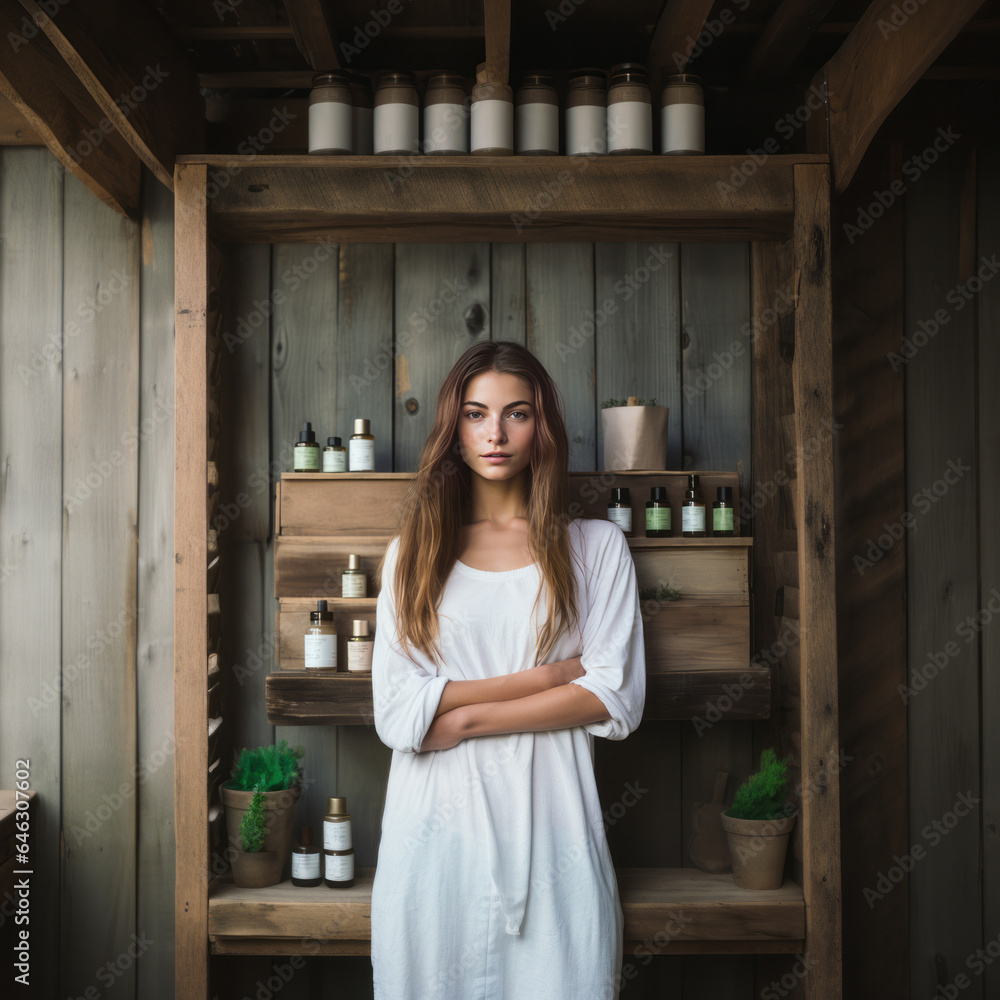 woman in a house standing a front of bottles with cosmetic woman in a house standing a front of bottles with cosmetic