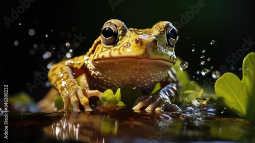 The frog jumps from the bottom to the top of the leaf