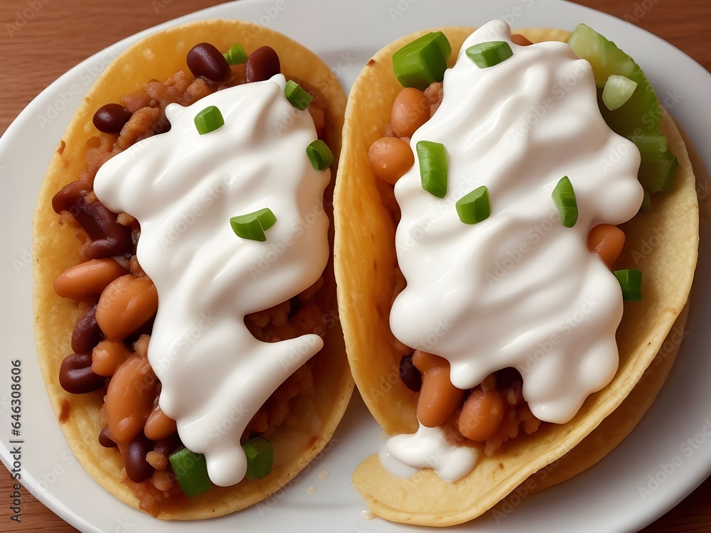 Two Tacos with Beans and Sour Cream: Close-Up Shot