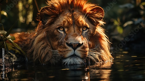 The lion looks at his reflection in the water against the backdrop of the jungle