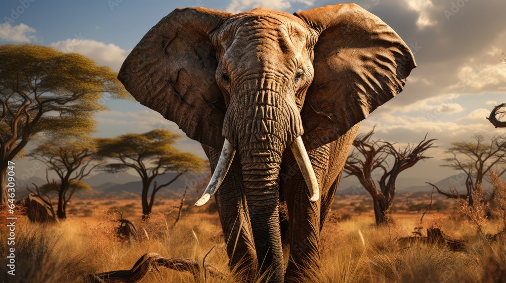 Fototapeta premium The male elephant stands proudly with his trunk raised