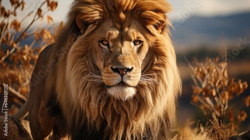 The male lion looks dashing standing on a hill, looking close