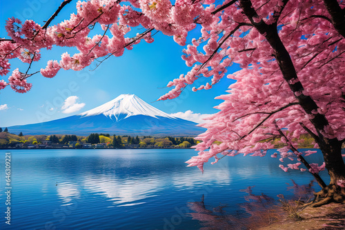 Fujiyoshida  Japan s picturesque landscape iconic Mount Fuji  framed by colorful cherry trees  Sakura season.