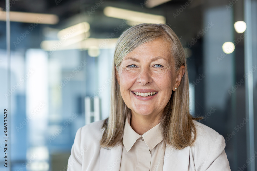 Close-up portrait of mature gray-haired business woman, senior adult woman smiling and looking at camera, at workplace inside office. Close-up portrait of mature gray-haired business woman, senior adult woman smiling and looking at camera, at workplace inside office.
