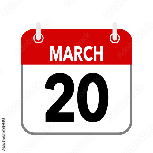 20 March, calendar date icon on white background.