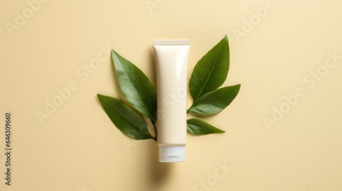 Cream tube filled with sanitizing hand gel with a sprig of leaves. AI generated