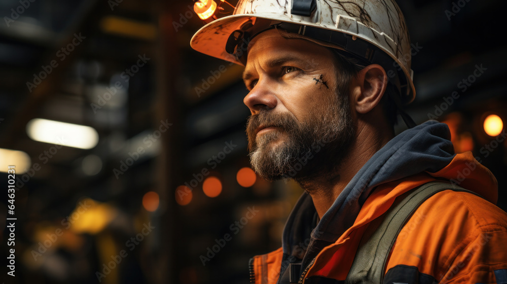 An industrial worker, a man with a beard in white helmet, looking up at his workplace in havy industry shop An industrial worker, a man with a beard in white helmet, looking up at his workplace in havy industry shop