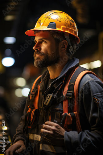 An industrial worker, a man with a beard in a yellow helmet, looking up at his workplace in havy industry shop