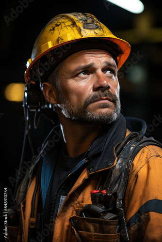 An industrial worker, a man with a beard in a yellow helmet, looking up at his workplace in havy industry shop