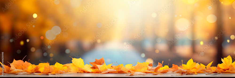 Empty wooden table with blurred autumn background. Copy space Empty wooden table with blurred autumn background. Copy space