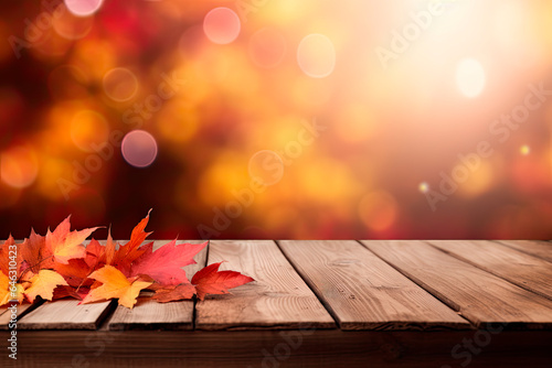 Empty wooden table with blurred autumn background. Copy space